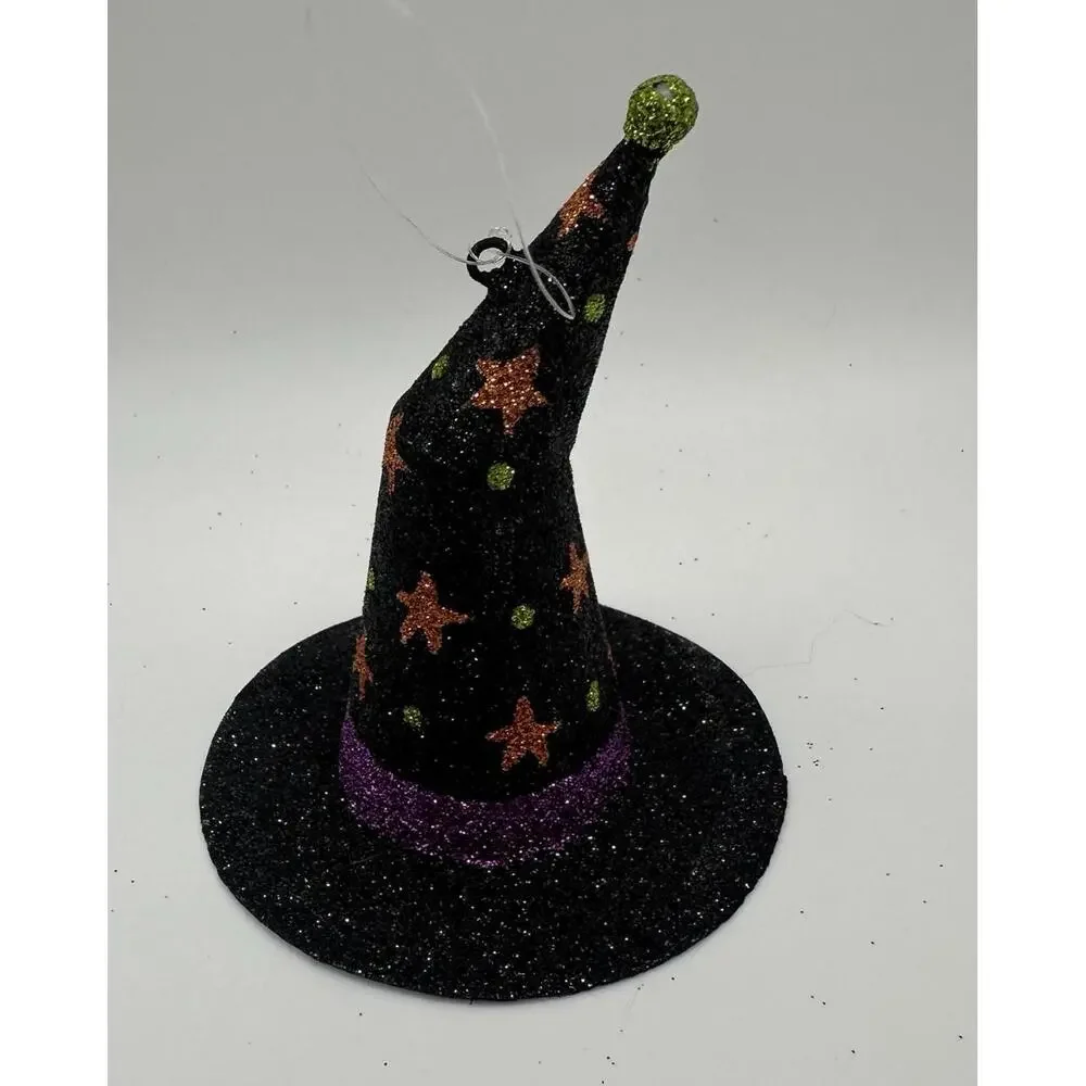 Pier 1 Halloween Black Witches Hat Ornament Stars Glitter